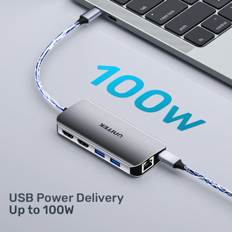 UNITEK 8 في 1 USB-C Hub USB-C 5 جيجابت في الثانية، 2x HDMI 4K، قارئ بطاقات، RJ-45، PD 100W