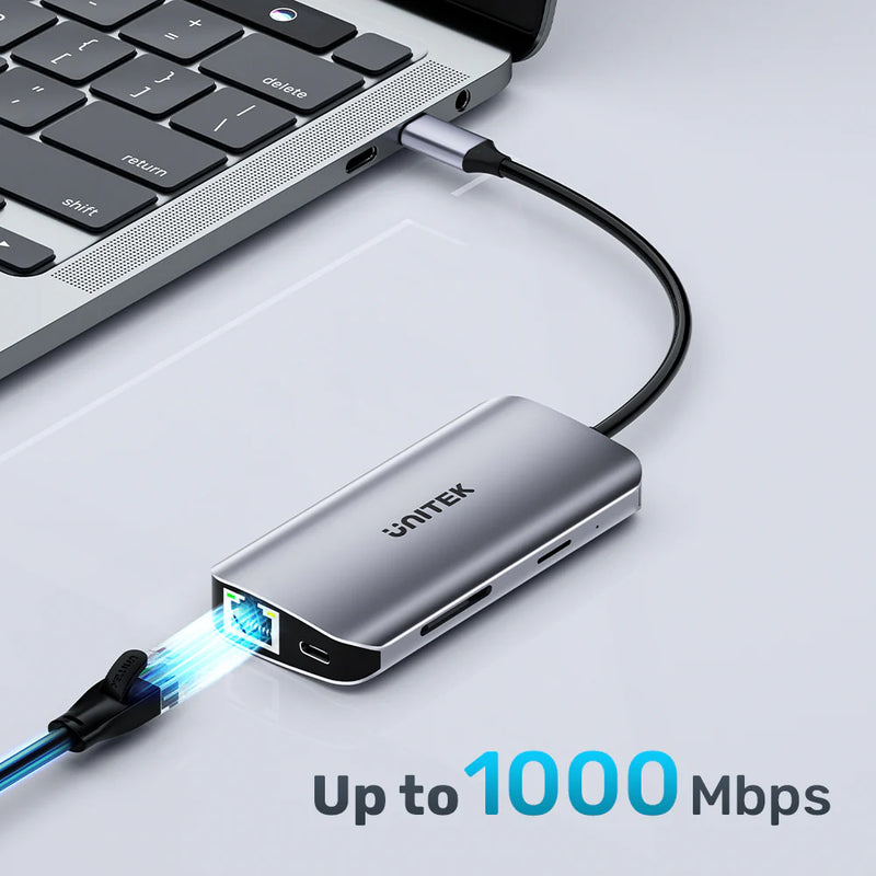 UNITEK 8 في 1 USB-C Hub USB-C 5 جيجابت في الثانية، 2x HDMI 4K، قارئ بطاقات، RJ-45، PD 100W