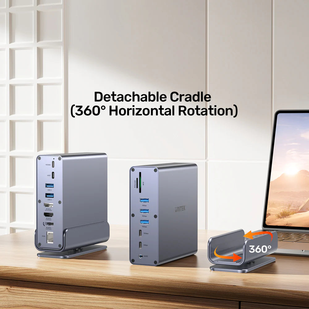 محطة إرساء يونيتيك D1135A يونيفرسال ديسبلاي لينك ثلاثية 4K - موزع USB-C/USB-A 15 في 1، 3 شاشات 4K بتردد 60 هرتز، PD 100 واط، جيجابت إيثرنت، SD/MicroSD، مقبس صوت