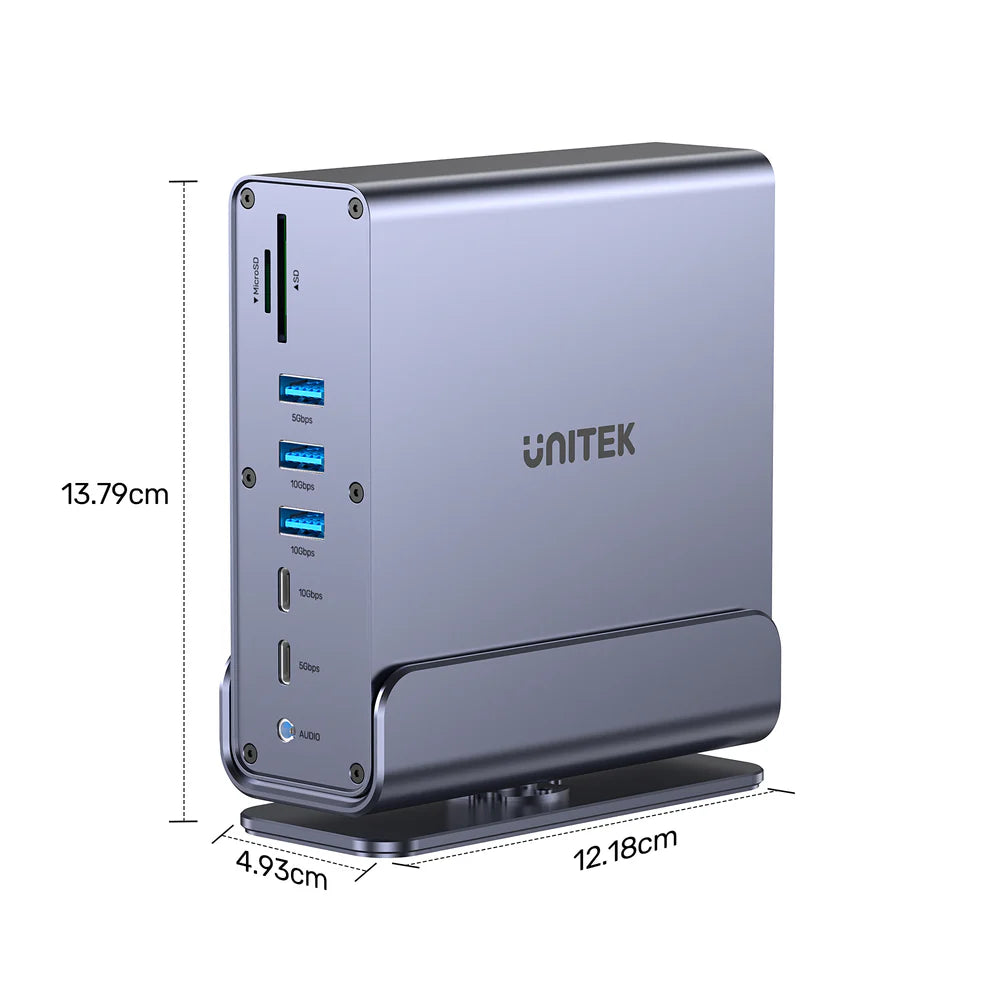 محطة إرساء يونيتيك D1135A يونيفرسال ديسبلاي لينك ثلاثية 4K - موزع USB-C/USB-A 15 في 1، 3 شاشات 4K بتردد 60 هرتز، PD 100 واط، جيجابت إيثرنت، SD/MicroSD، مقبس صوت