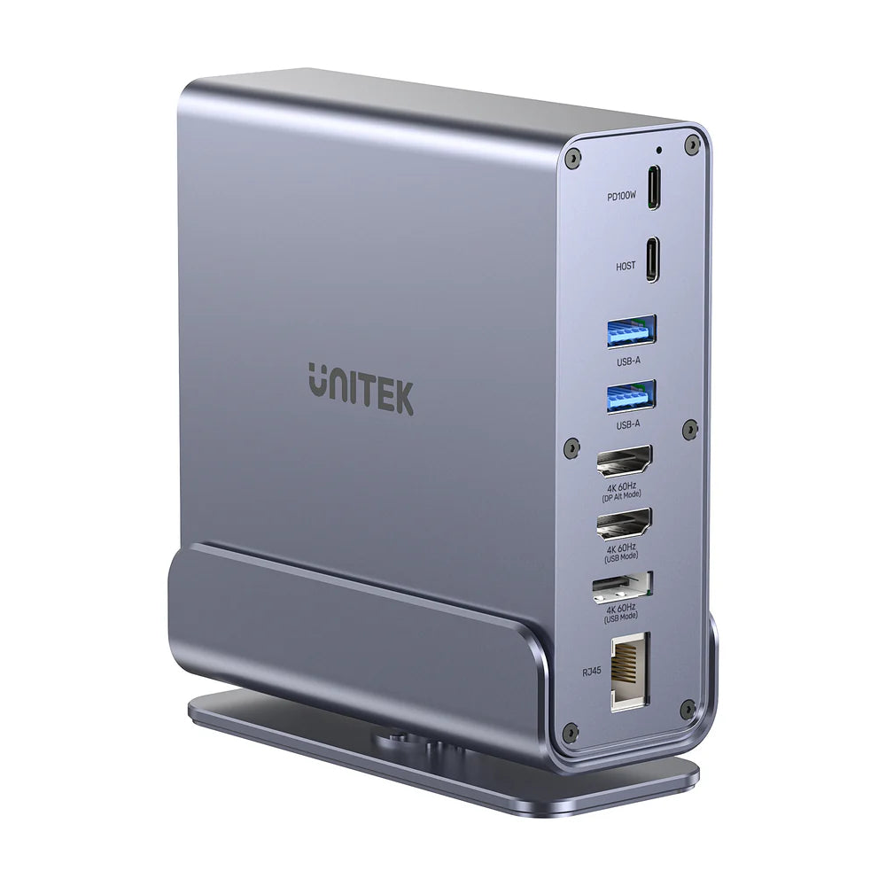 محطة إرساء يونيتيك D1135A يونيفرسال ديسبلاي لينك ثلاثية 4K - موزع USB-C/USB-A 15 في 1، 3 شاشات 4K بتردد 60 هرتز، PD 100 واط، جيجابت إيثرنت، SD/MicroSD، مقبس صوت