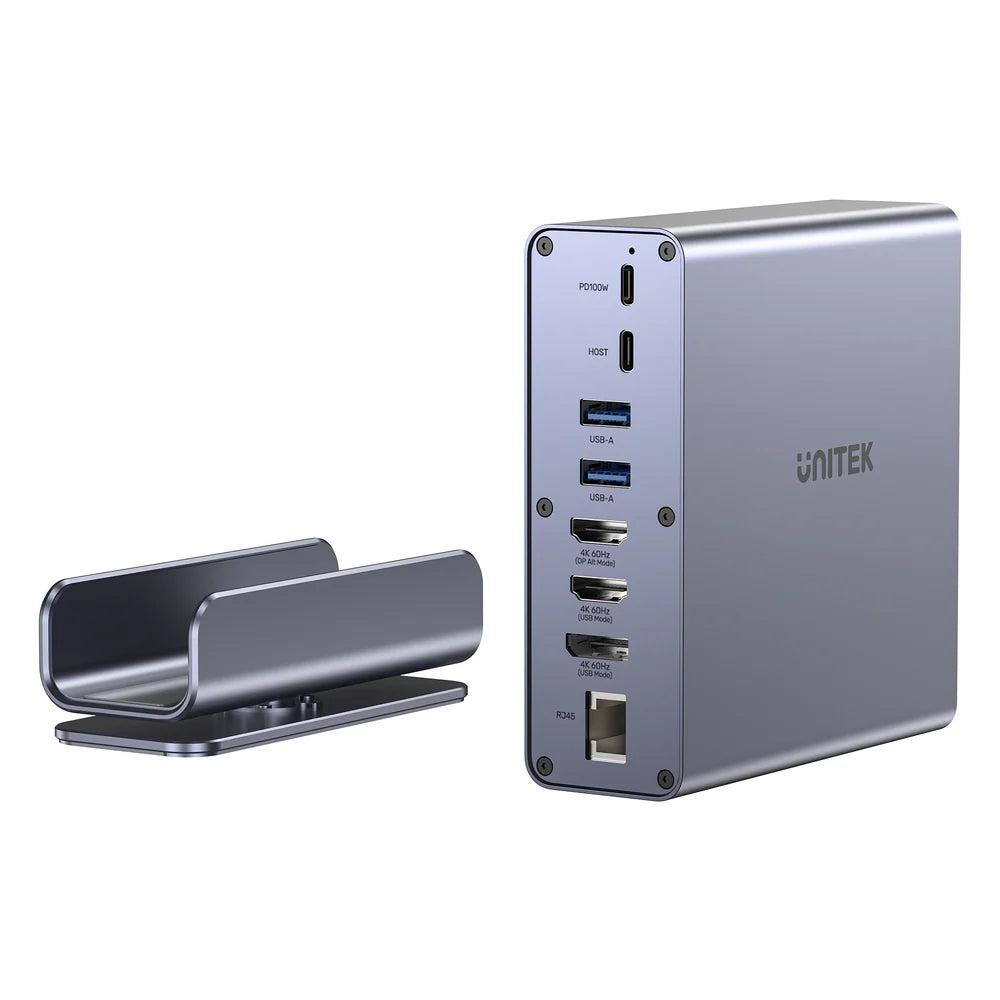 محطة إرساء يونيتيك D1135A يونيفرسال ديسبلاي لينك ثلاثية 4K - موزع USB-C/USB-A 15 في 1، 3 شاشات 4K بتردد 60 هرتز، PD 100 واط، جيجابت إيثرنت، SD/MicroSD، مقبس صوت