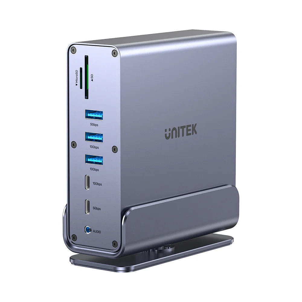 محطة إرساء يونيتيك D1135A يونيفرسال ديسبلاي لينك ثلاثية 4K - موزع USB-C/USB-A 15 في 1، 3 شاشات 4K بتردد 60 هرتز، PD 100 واط، جيجابت إيثرنت، SD/MicroSD، مقبس صوت