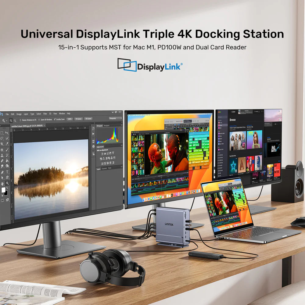 محطة إرساء يونيتيك D1135A يونيفرسال ديسبلاي لينك ثلاثية 4K - موزع USB-C/USB-A 15 في 1، 3 شاشات 4K بتردد 60 هرتز، PD 100 واط، جيجابت إيثرنت، SD/MicroSD، مقبس صوت