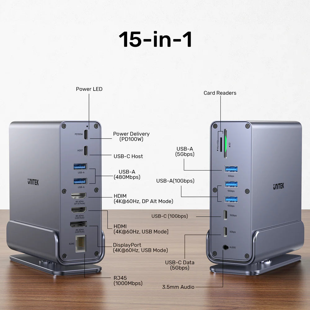 محطة إرساء يونيتيك D1135A يونيفرسال ديسبلاي لينك ثلاثية 4K - موزع USB-C/USB-A 15 في 1، 3 شاشات 4K بتردد 60 هرتز، PD 100 واط، جيجابت إيثرنت، SD/MicroSD، مقبس صوت