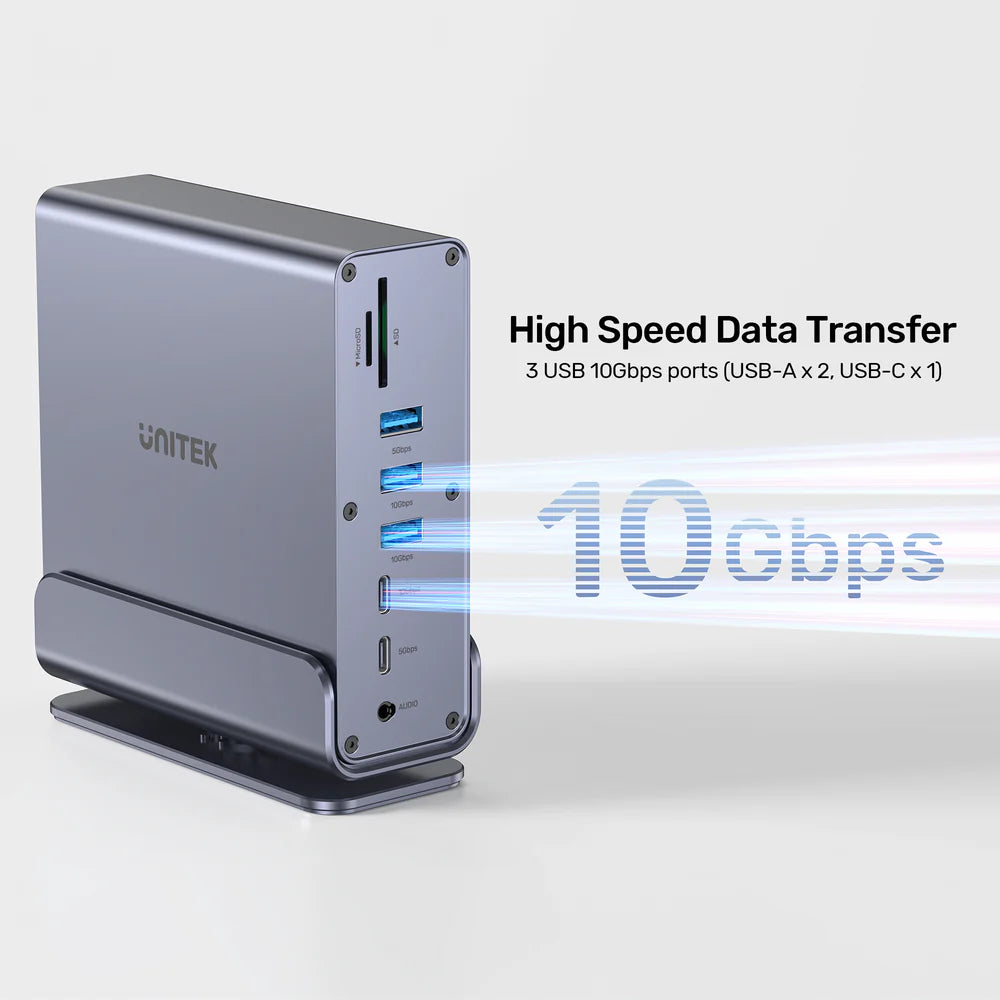 محطة إرساء يونيتيك D1135A يونيفرسال ديسبلاي لينك ثلاثية 4K - موزع USB-C/USB-A 15 في 1، 3 شاشات 4K بتردد 60 هرتز، PD 100 واط، جيجابت إيثرنت، SD/MicroSD، مقبس صوت