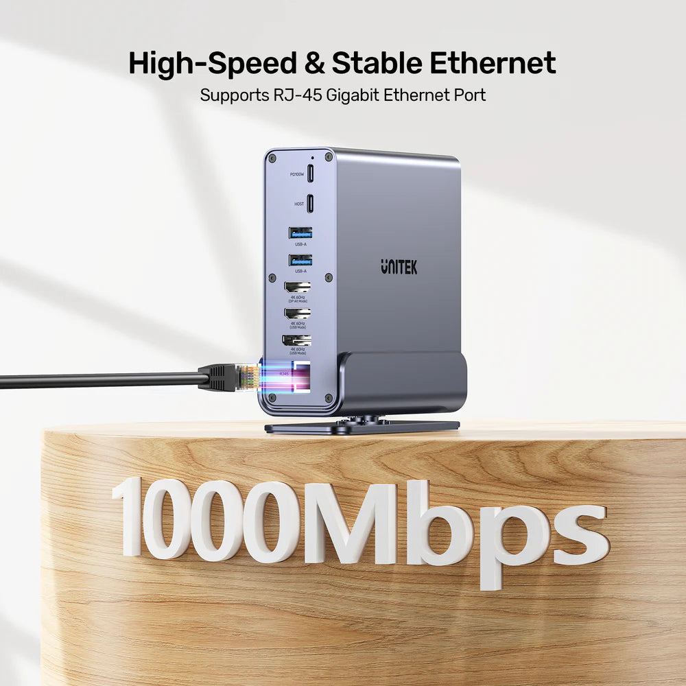 محطة إرساء يونيتيك D1135A يونيفرسال ديسبلاي لينك ثلاثية 4K - موزع USB-C/USB-A 15 في 1، 3 شاشات 4K بتردد 60 هرتز، PD 100 واط، جيجابت إيثرنت، SD/MicroSD، مقبس صوت