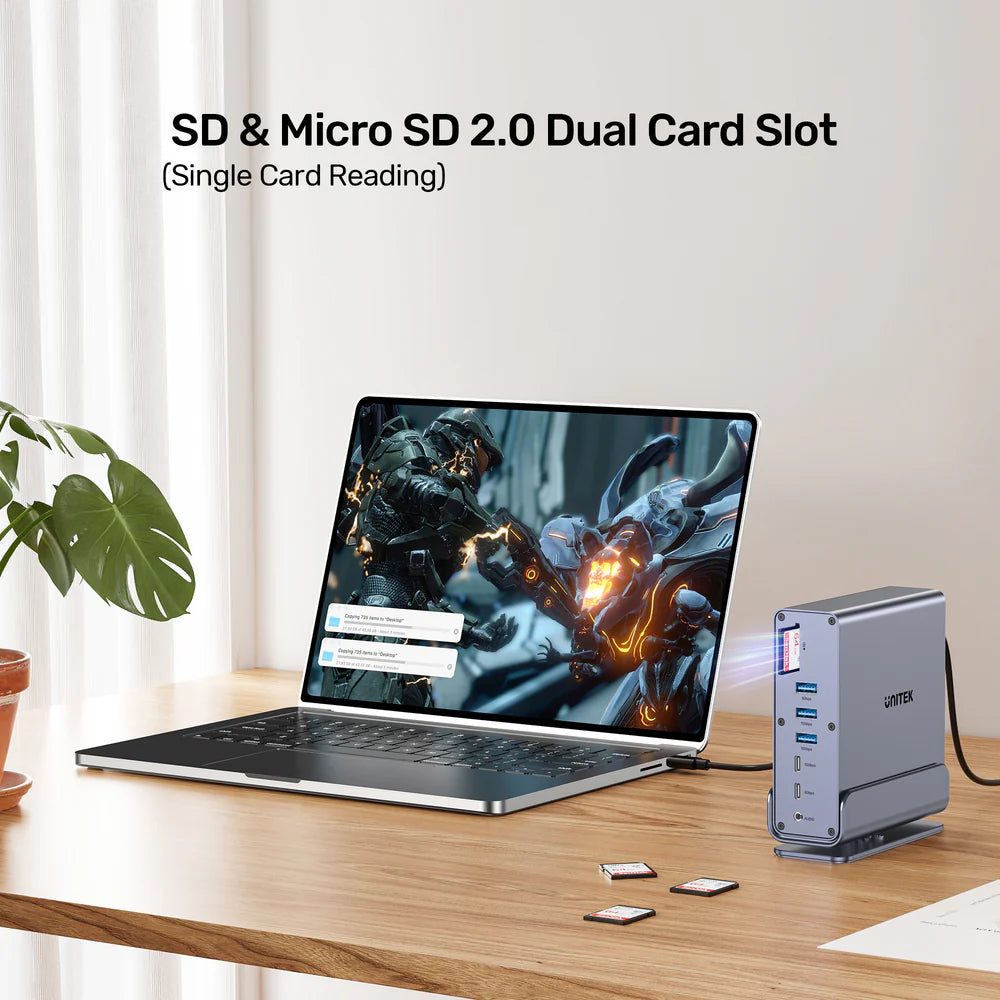 محطة إرساء يونيتيك D1135A يونيفرسال ديسبلاي لينك ثلاثية 4K - موزع USB-C/USB-A 15 في 1، 3 شاشات 4K بتردد 60 هرتز، PD 100 واط، جيجابت إيثرنت، SD/MicroSD، مقبس صوت