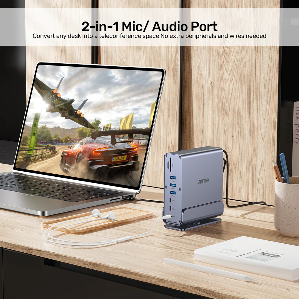 محطة إرساء يونيتيك D1135A يونيفرسال ديسبلاي لينك ثلاثية 4K - موزع USB-C/USB-A 15 في 1، 3 شاشات 4K بتردد 60 هرتز، PD 100 واط، جيجابت إيثرنت، SD/MicroSD، مقبس صوت