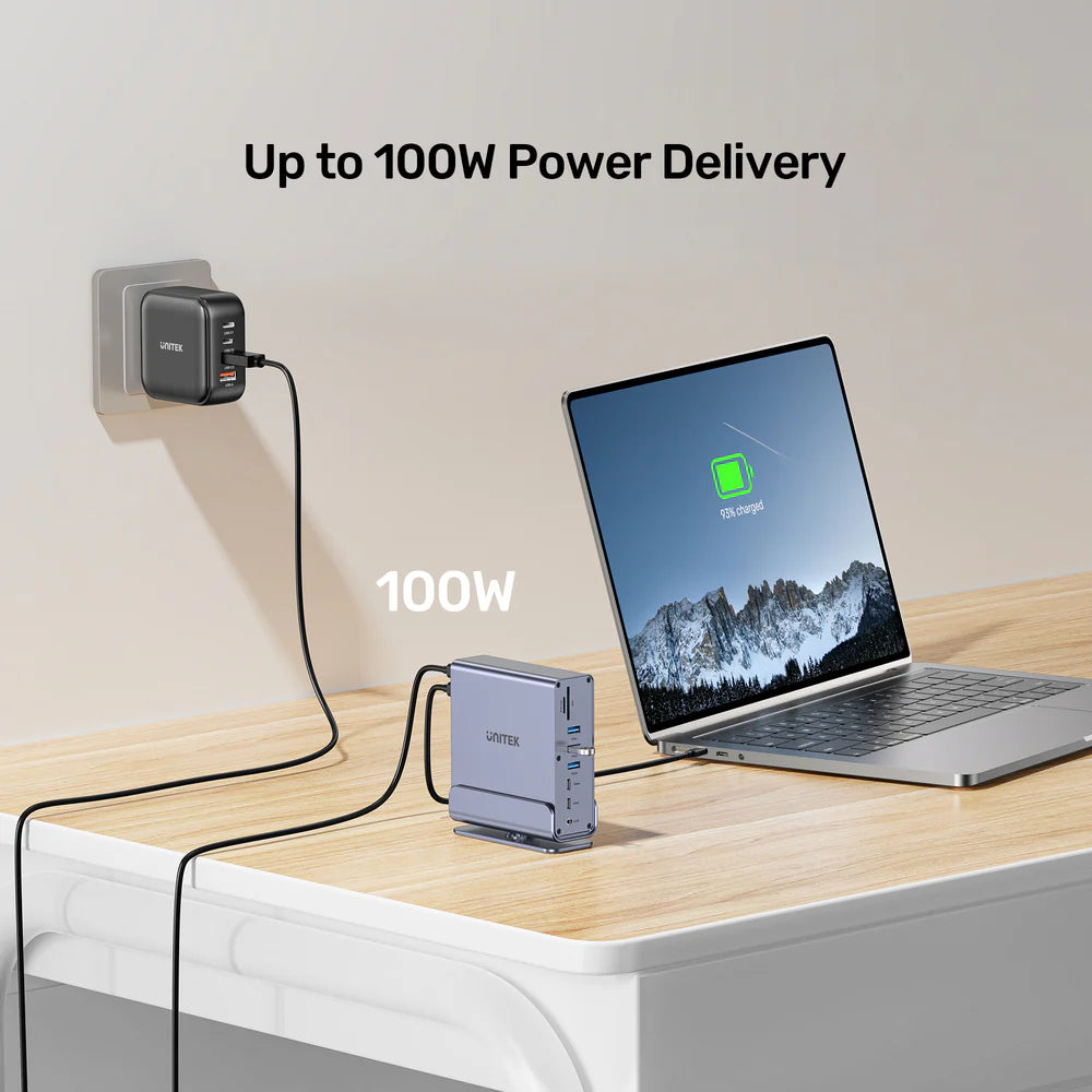 محطة إرساء يونيتيك D1135A يونيفرسال ديسبلاي لينك ثلاثية 4K - موزع USB-C/USB-A 15 في 1، 3 شاشات 4K بتردد 60 هرتز، PD 100 واط، جيجابت إيثرنت، SD/MicroSD، مقبس صوت