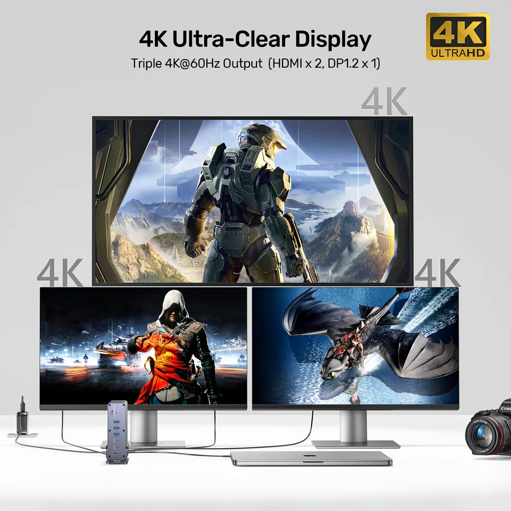 محطة إرساء يونيتيك D1135A يونيفرسال ديسبلاي لينك ثلاثية 4K - موزع USB-C/USB-A 15 في 1، 3 شاشات 4K بتردد 60 هرتز، PD 100 واط، جيجابت إيثرنت، SD/MicroSD، مقبس صوت