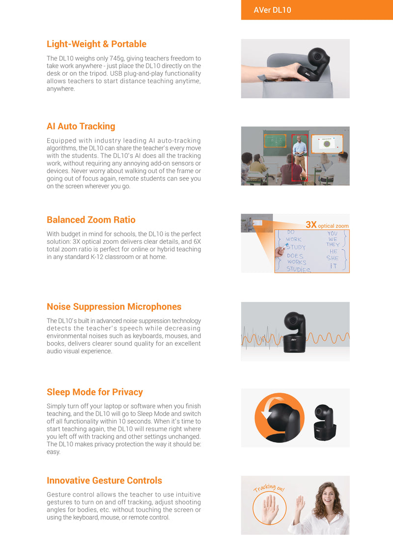 AVer DL10 AI Auto Tracking Distance Learning Camera with 3X Optical Zoom, USB/IP Output, Built-in Mics, Gesture Control