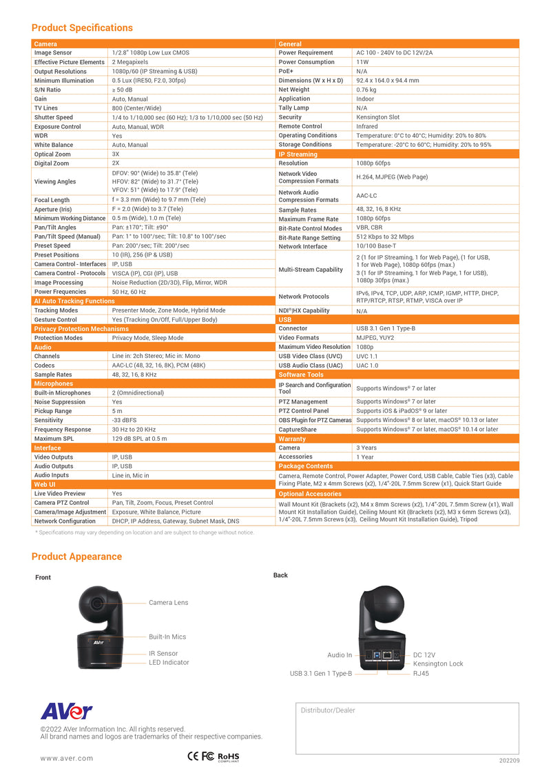 AVer DL10 AI Auto Tracking Distance Learning Camera with 3X Optical Zoom, USB/IP Output, Built-in Mics, Gesture Control