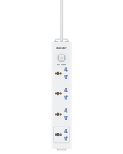 موزع طاقة Huntkey DMB401، 4 مقابس عالمية، كابل تمديد قوي بطول 3 أمتار، قدرة تحميل قصوى 2500 واط، تصميم مقاوم للهب، حماية من التيار الزائد، تصميم للتثبيت على الحائط