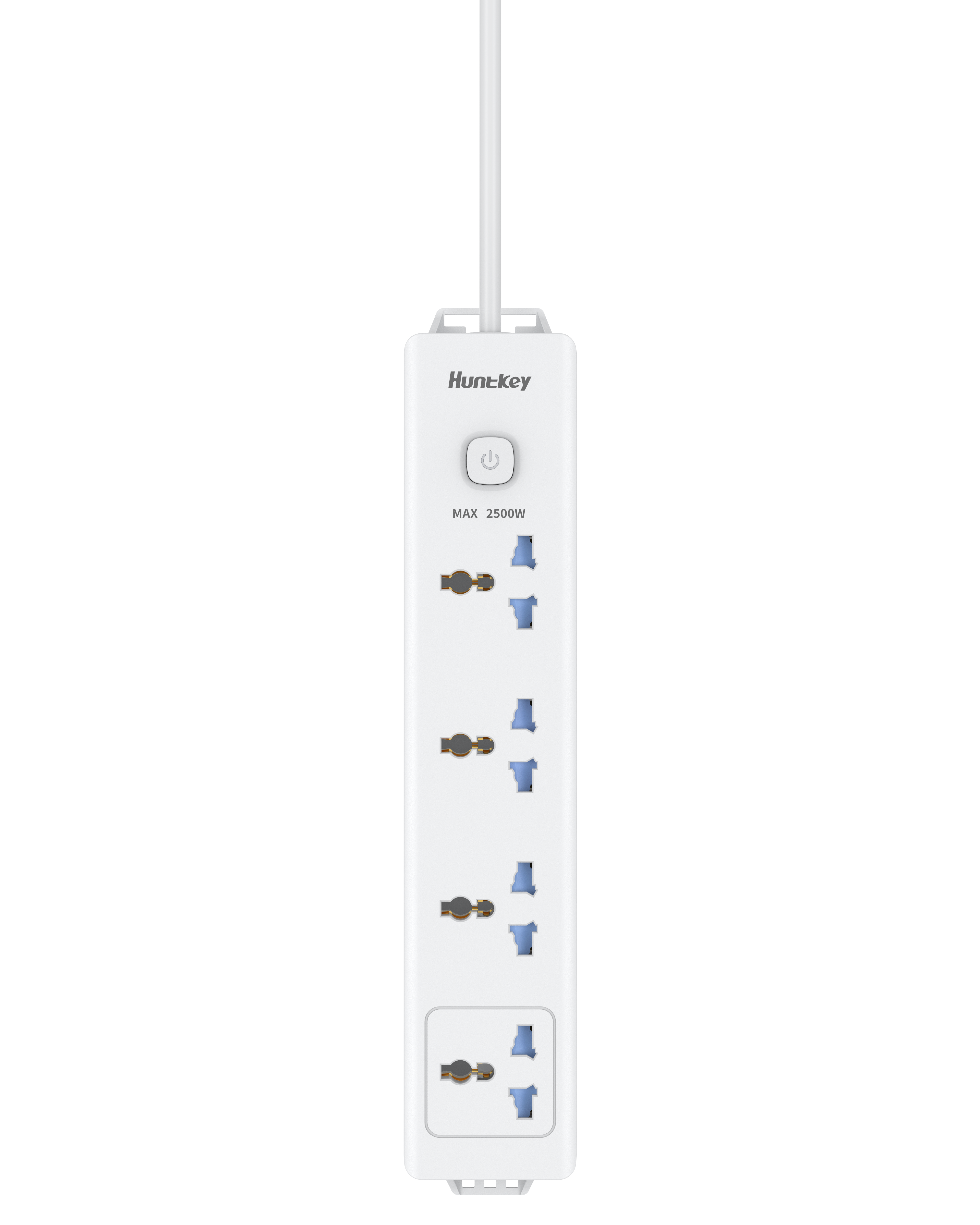 موزع طاقة Huntkey DMB401، 4 مقابس عالمية، كابل تمديد قوي بطول 3 أمتار، قدرة تحميل قصوى 2500 واط، تصميم مقاوم للهب، حماية من التيار الزائد، تصميم للتثبيت على الحائط