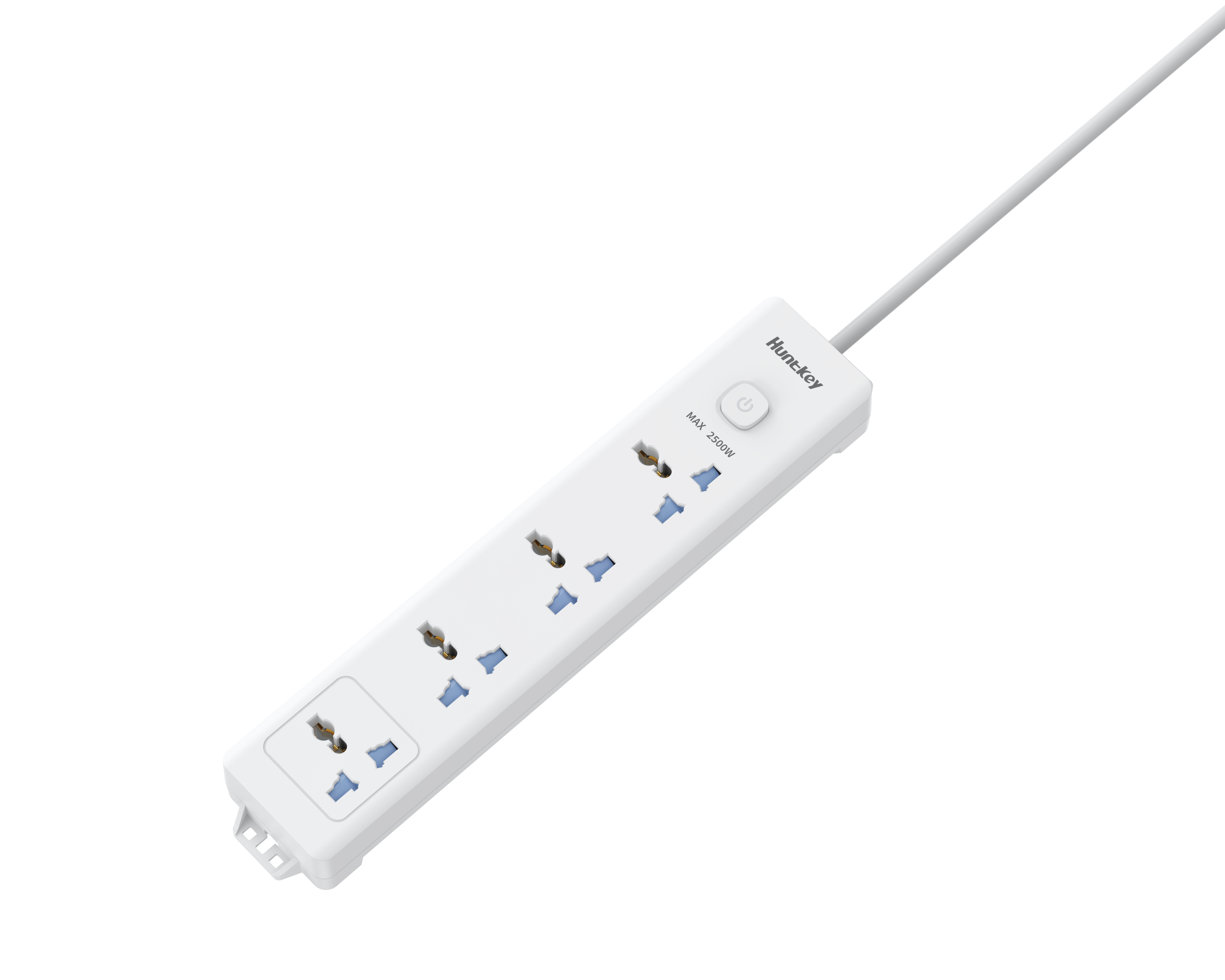 موزع طاقة Huntkey DMB401، 4 مقابس عالمية، كابل تمديد قوي بطول 3 أمتار، قدرة تحميل قصوى 2500 واط، تصميم مقاوم للهب، حماية من التيار الزائد، تصميم للتثبيت على الحائط