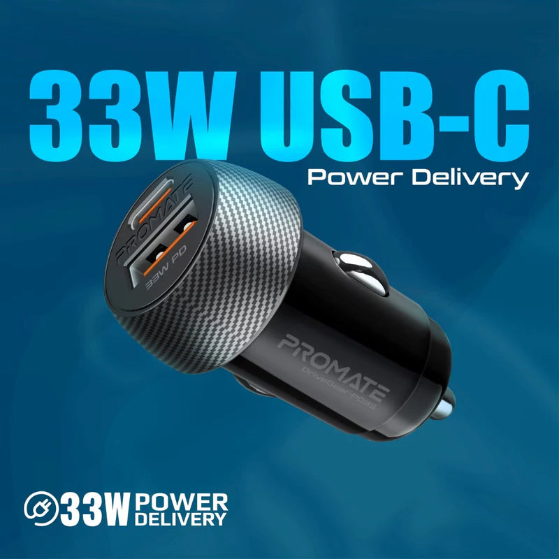 Promate DriveGear-PD33 33W Dual-Port Car Charger – USB-C PD + USB-A QC3.0, 12-24 V Input