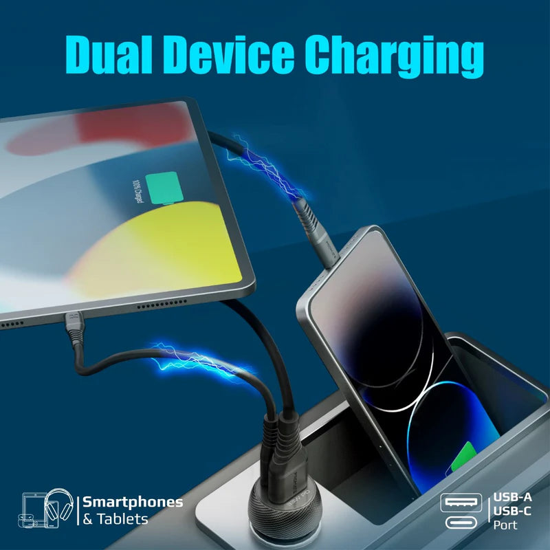 Promate DriveGear-PD33 33W Dual-Port Car Charger – USB-C PD + USB-A QC3.0, 12-24 V Input