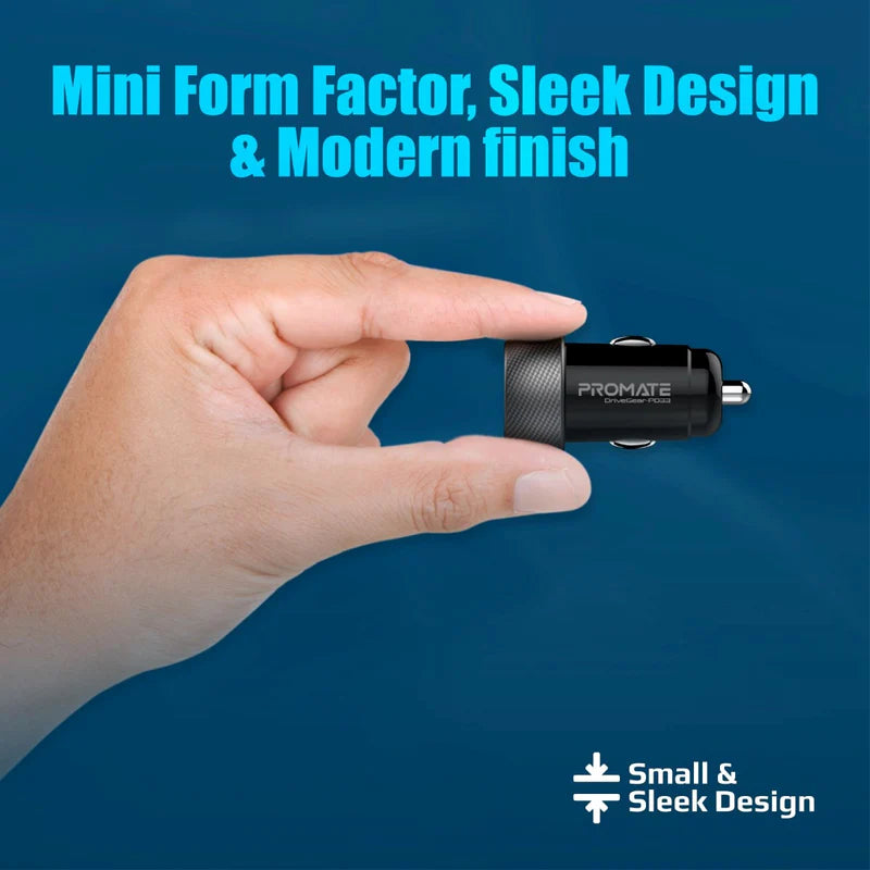 Promate DriveGear-PD33 33W Dual-Port Car Charger – USB-C PD + USB-A QC3.0, 12-24 V Input