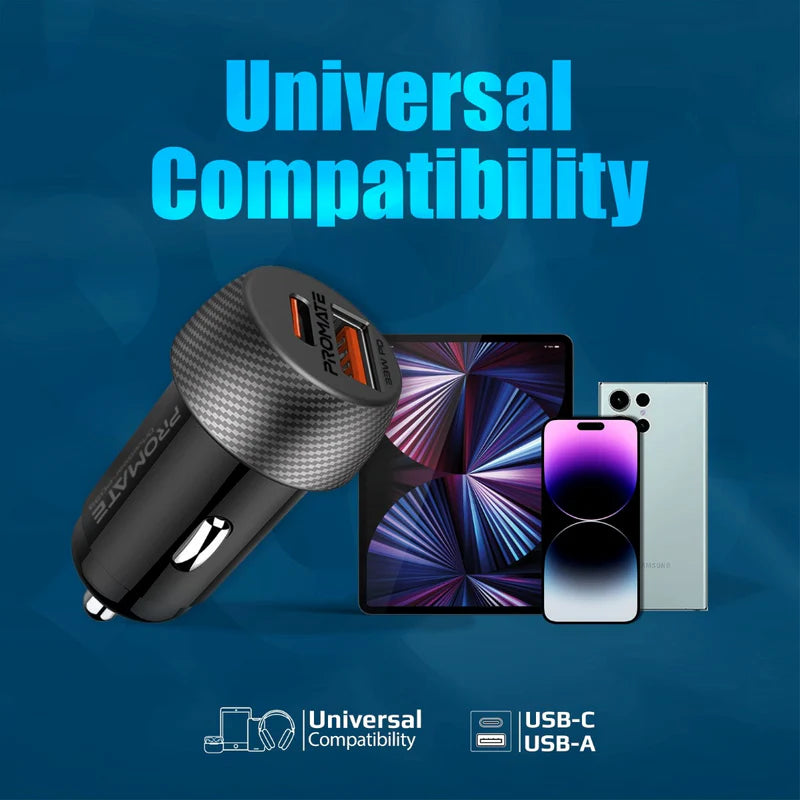 Promate DriveGear-PD33 33W Dual-Port Car Charger – USB-C PD + USB-A QC3.0, 12-24 V Input