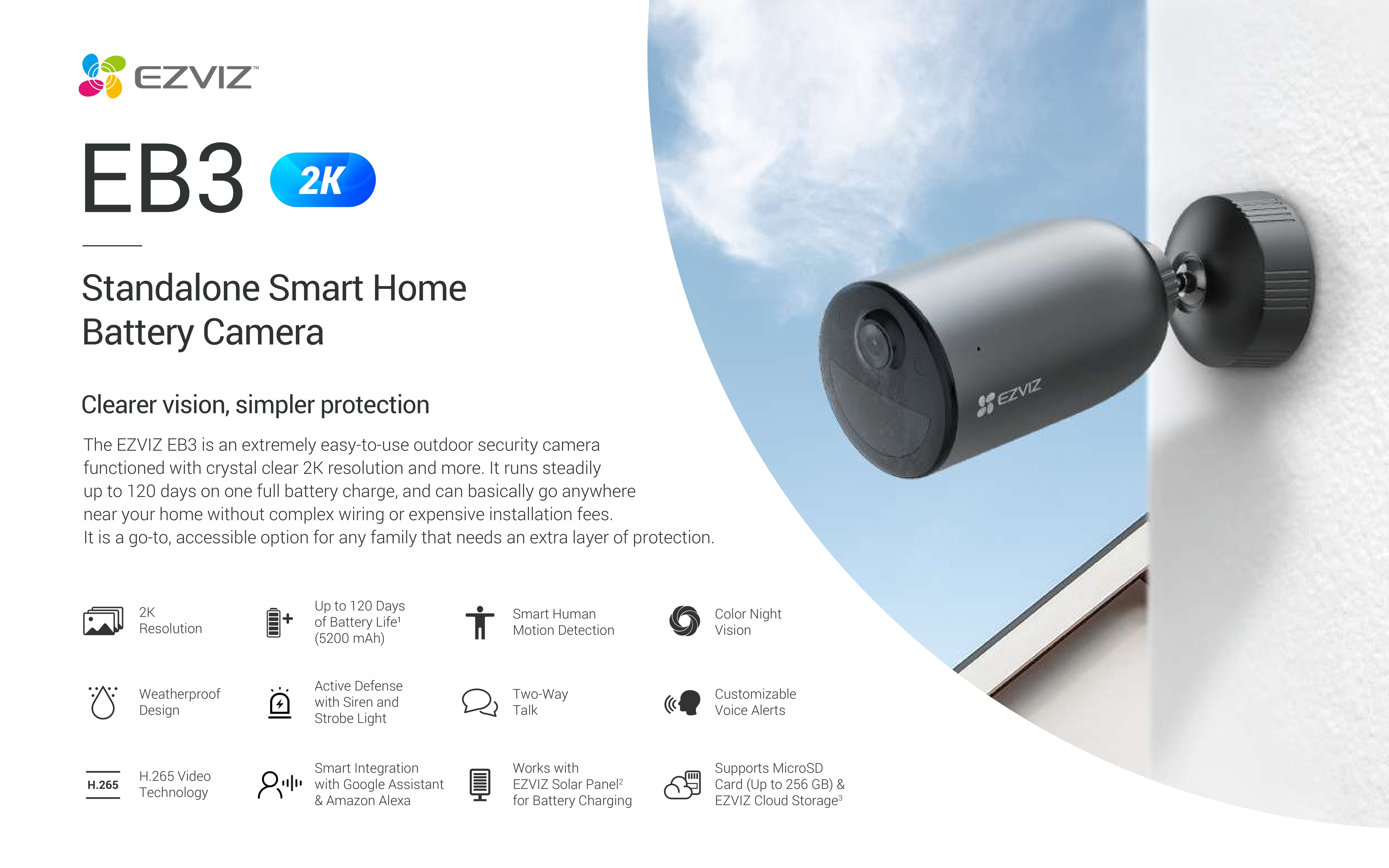 EZVIZ EB3 2K Battery-Powered Outdoor Security Camera, Color Night Vision, Smart Human Detection, 120-Day Battery, Alexa Compatible