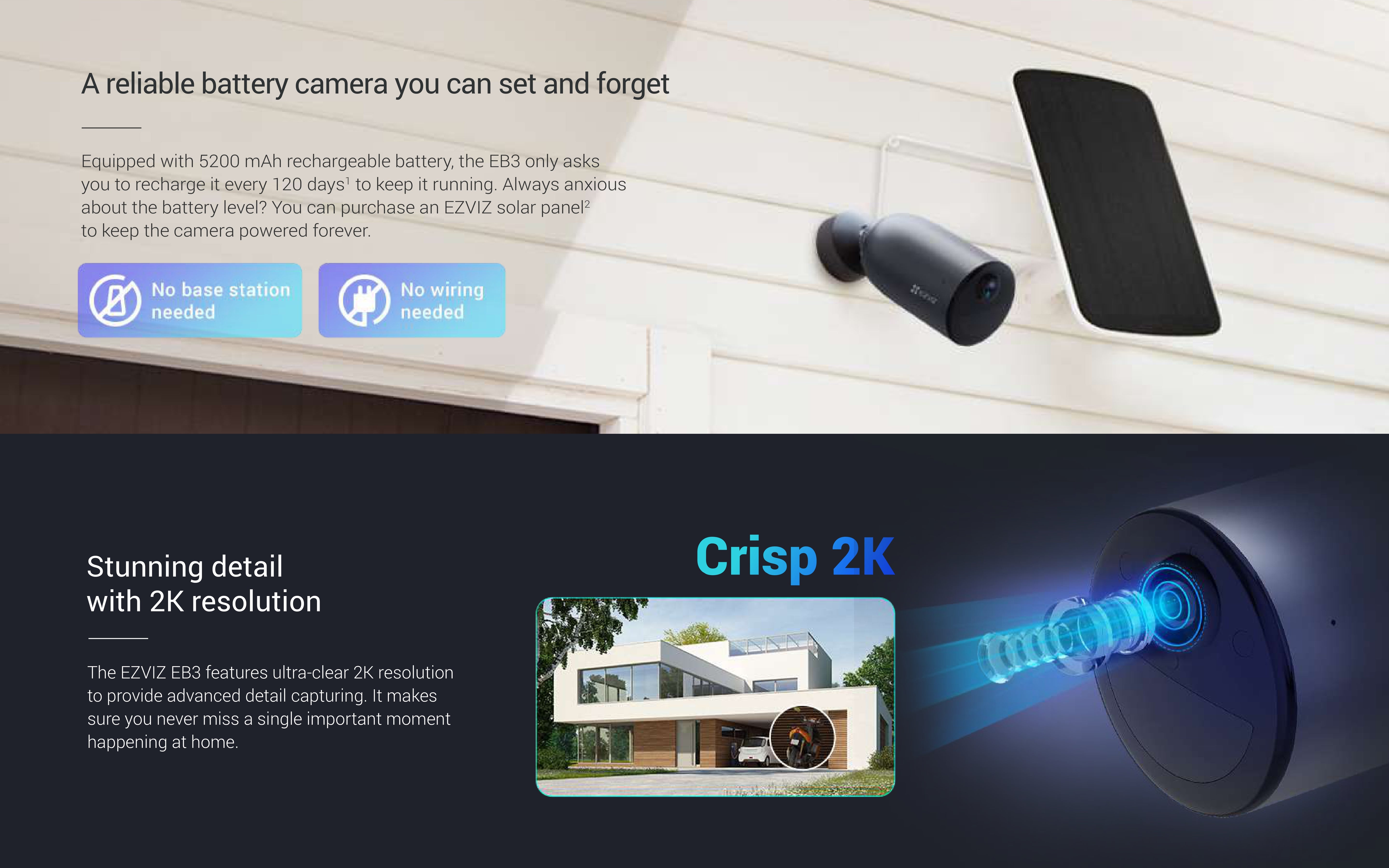 EZVIZ EB3 2K Battery-Powered Outdoor Security Camera, Color Night Vision, Smart Human Detection, 120-Day Battery, Alexa Compatible