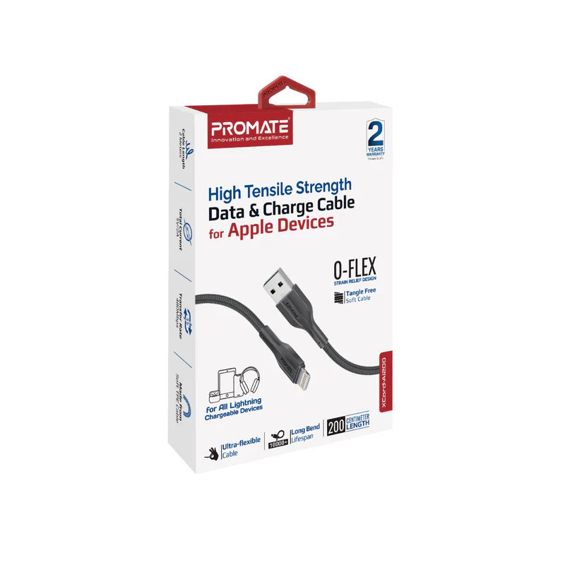 Promate xCord-Ai200 2M USB-A to Lightning Cable – 10W Charging, 480Mbps Data Transfer, Silicone Anti-Tangle, 10,000 Bend Test