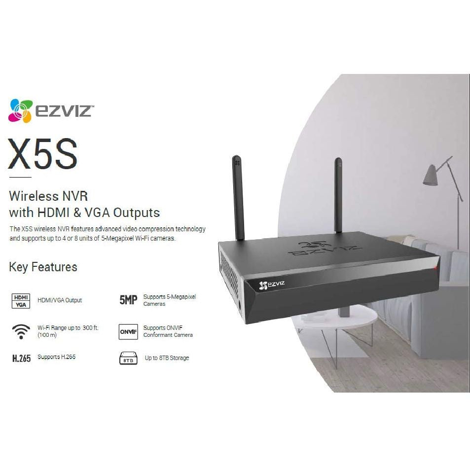 مسجل فيديو رقمي لاسلكي EZVIZ X5S مع مخرج HDMI/VGA، يدعم دقة 3K، سعة تخزين 8 تيرابايت، H.265، ما يصل إلى 8 كاميرات Wi-Fi، هوائي مزدوج، متوافق مع ONVIF