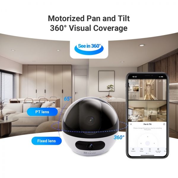 كاميرا EZVIZ C7 الذكية الداخلية بشبكة Wi-Fi وعدسة مزدوجة 4 ميجابكسل، كشف ذكي للبشر والحيوانات الأليفة، تتبع تلقائي، صوت ثنائي الاتجاه