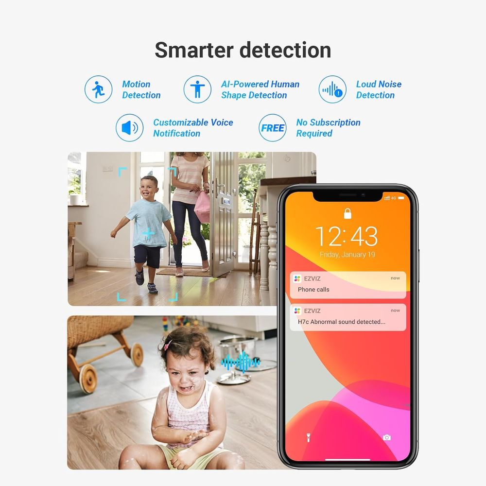 كاميرا EZVIZ H7c مزدوجة 2K+ مع خاصية Pan &amp; Tilt Wi-Fi وعدسات مزدوجة، وخاصية اكتشاف الإنسان بالذكاء الاصطناعي، ورؤية ليلية ملونة، ومحادثة ثنائية الاتجاه