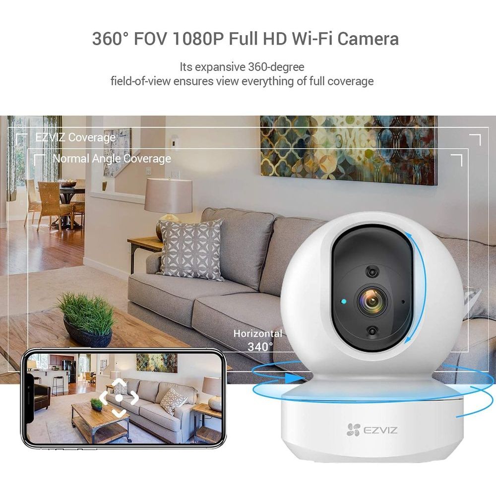 EZVIZ TY1 2MP Smart Wi-Fi Pan & Tilt Camera, 360° Coverage, Motion Tracking, Night Vision, Two-Way Talk, Supports 256GB microSD