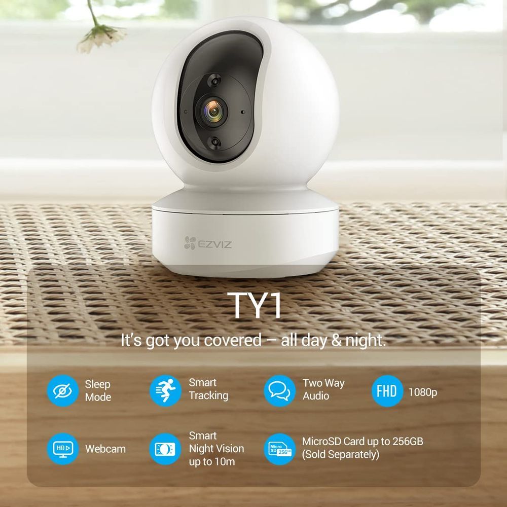 EZVIZ TY1 2MP Smart Wi-Fi Pan & Tilt Camera, 360° Coverage, Motion Tracking, Night Vision, Two-Way Talk, Supports 256GB microSD