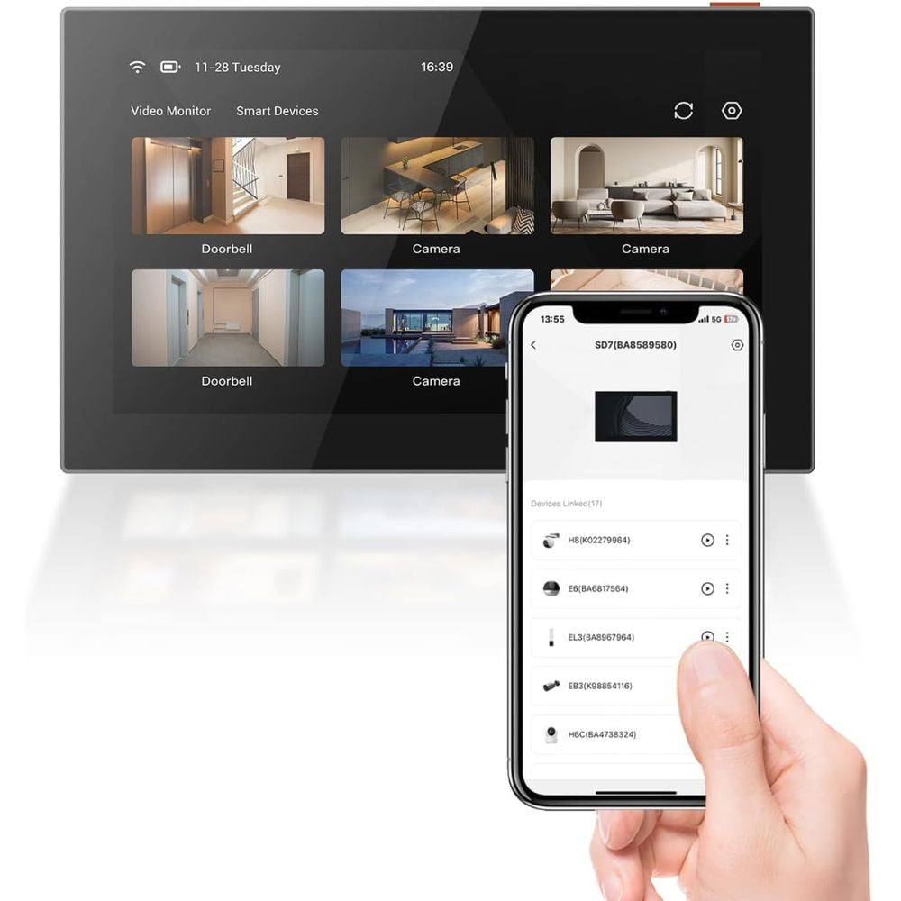شاشة EZVIZ SD7 الذكية مقاس 7 بوصات مزودة بشاشة تعمل باللمس، ومحادثة ثنائية الاتجاه، وبطارية، وشبكة Wi-Fi لكاميرات EZVIZ، وأجراس الأبواب، والأقفال