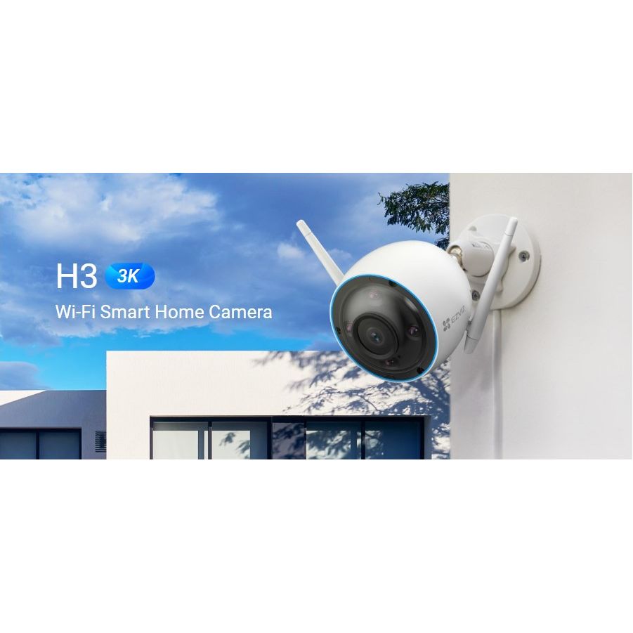 كاميرا EZVIZ H3 الذكية للمنزل بتقنية Wi-Fi بدقة 3K مع خاصية اكتشاف الأشخاص/المركبات بالذكاء الاصطناعي، ورؤية ليلية ملونة، وصفارات الإنذار والضوء الساطع، وتصنيف IP67، ودعم سعة تخزين 512 جيجابايت