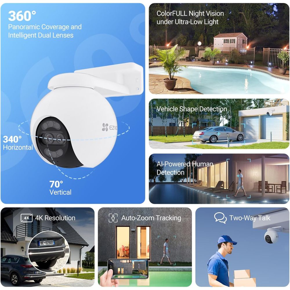 EZVIZ H80x Dual 4K Pan & Tilt Wi-Fi Camera, ColorFULL Night Vision, Auto-Tracking, AI Detection, 360° View, 2-Way Talk, IP65, microSD/Cloud