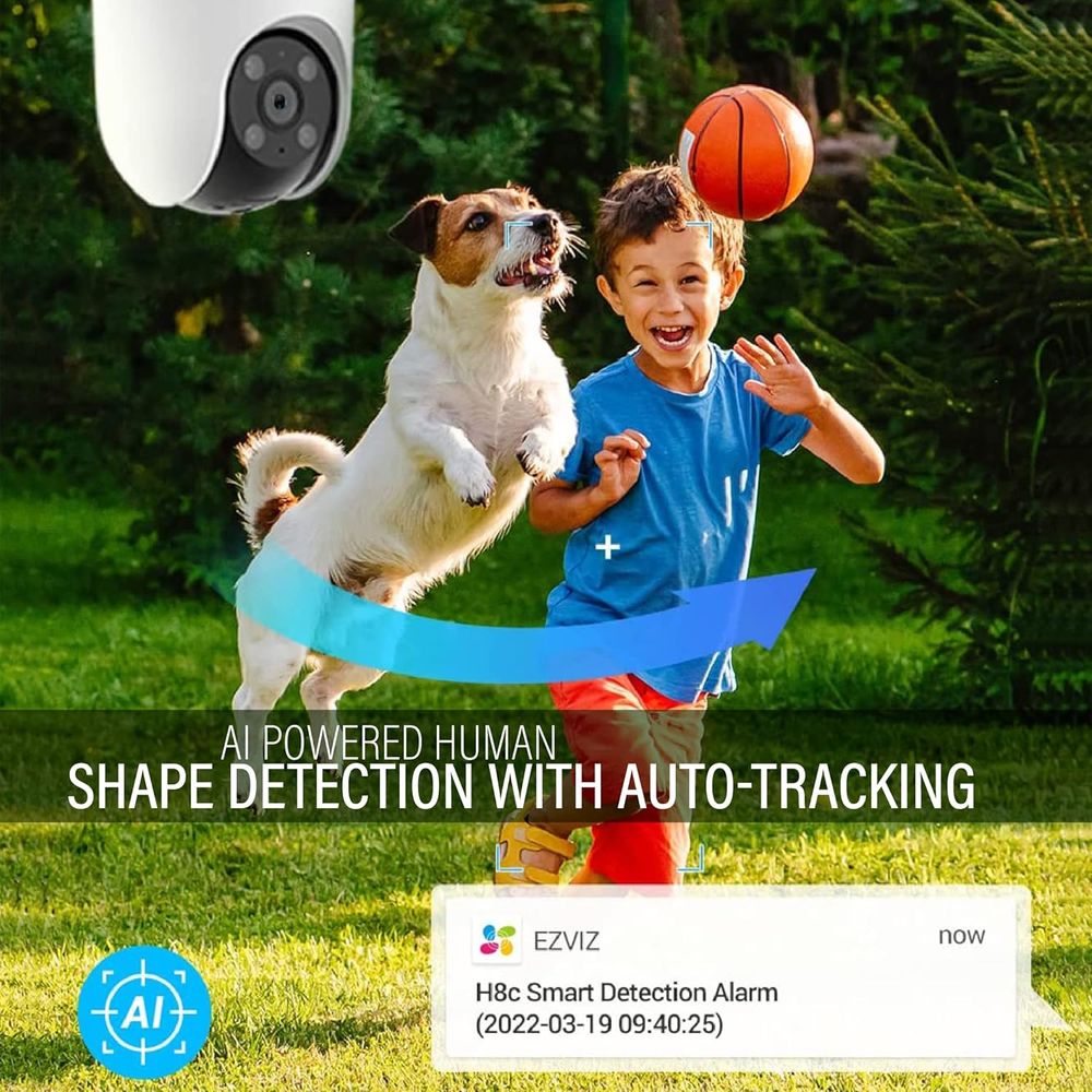 كاميرا EZVIZ H8c الخارجية بدقة 4 ميجابكسل مع خاصية Pan &amp; Tilt وخاصية Wi-Fi واكتشاف الإنسان بالذكاء الاصطناعي ورؤية ليلية ملونة وتتبع التكبير التلقائي والدفاع النشط