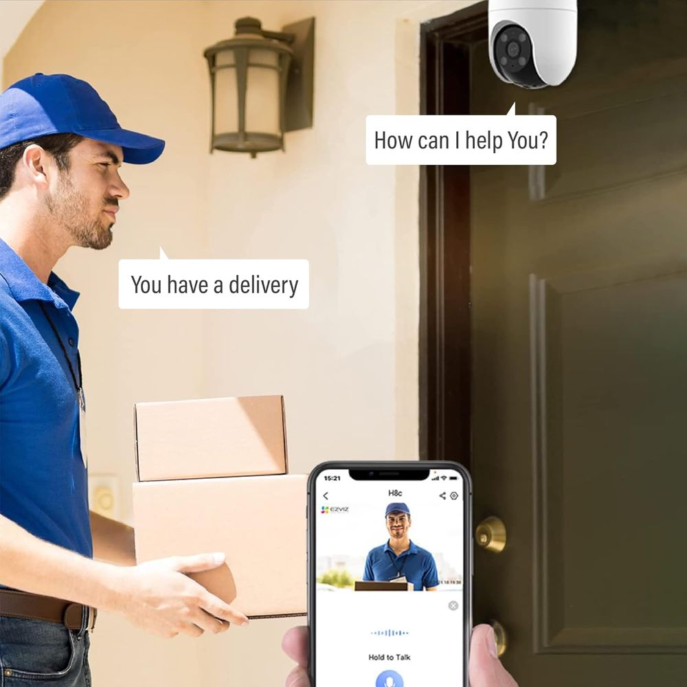 كاميرا EZVIZ H8c الخارجية بدقة 4 ميجابكسل مع خاصية Pan &amp; Tilt وخاصية Wi-Fi واكتشاف الإنسان بالذكاء الاصطناعي ورؤية ليلية ملونة وتتبع التكبير التلقائي والدفاع النشط