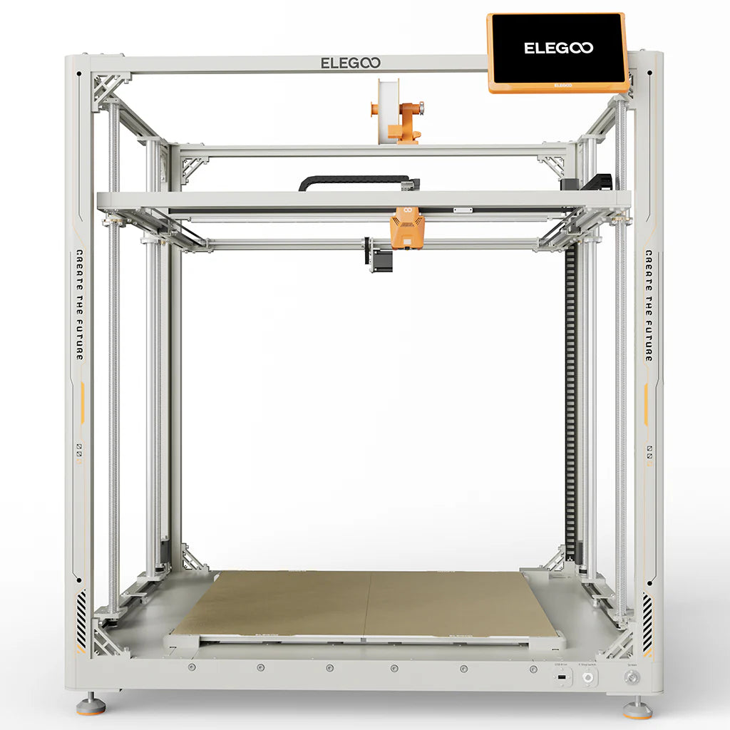 طابعة ELEGOO OrangeStorm Giga ثلاثية الأبعاد بتقنية FDM كبيرة الحجم، بحجم طباعة 800×800×1000 مم، وسرعة طباعة عالية تبلغ 300 مم/ثانية، وبثق مباشر بدرجة حرارة 300°م، ودعم فوهات متعددة