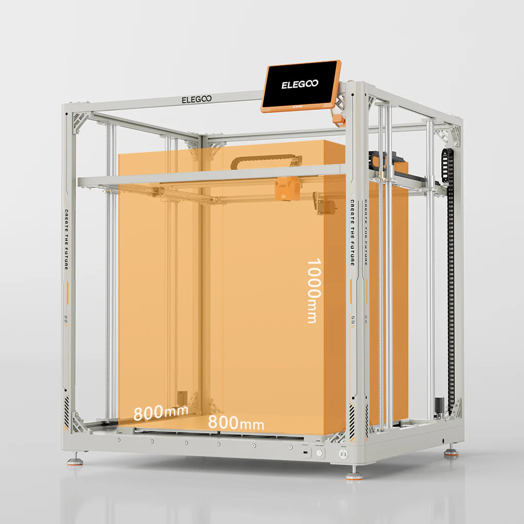 طابعة ELEGOO OrangeStorm Giga ثلاثية الأبعاد بتقنية FDM كبيرة الحجم، بحجم طباعة 800×800×1000 مم، وسرعة طباعة عالية تبلغ 300 مم/ثانية، وبثق مباشر بدرجة حرارة 300°م، ودعم فوهات متعددة