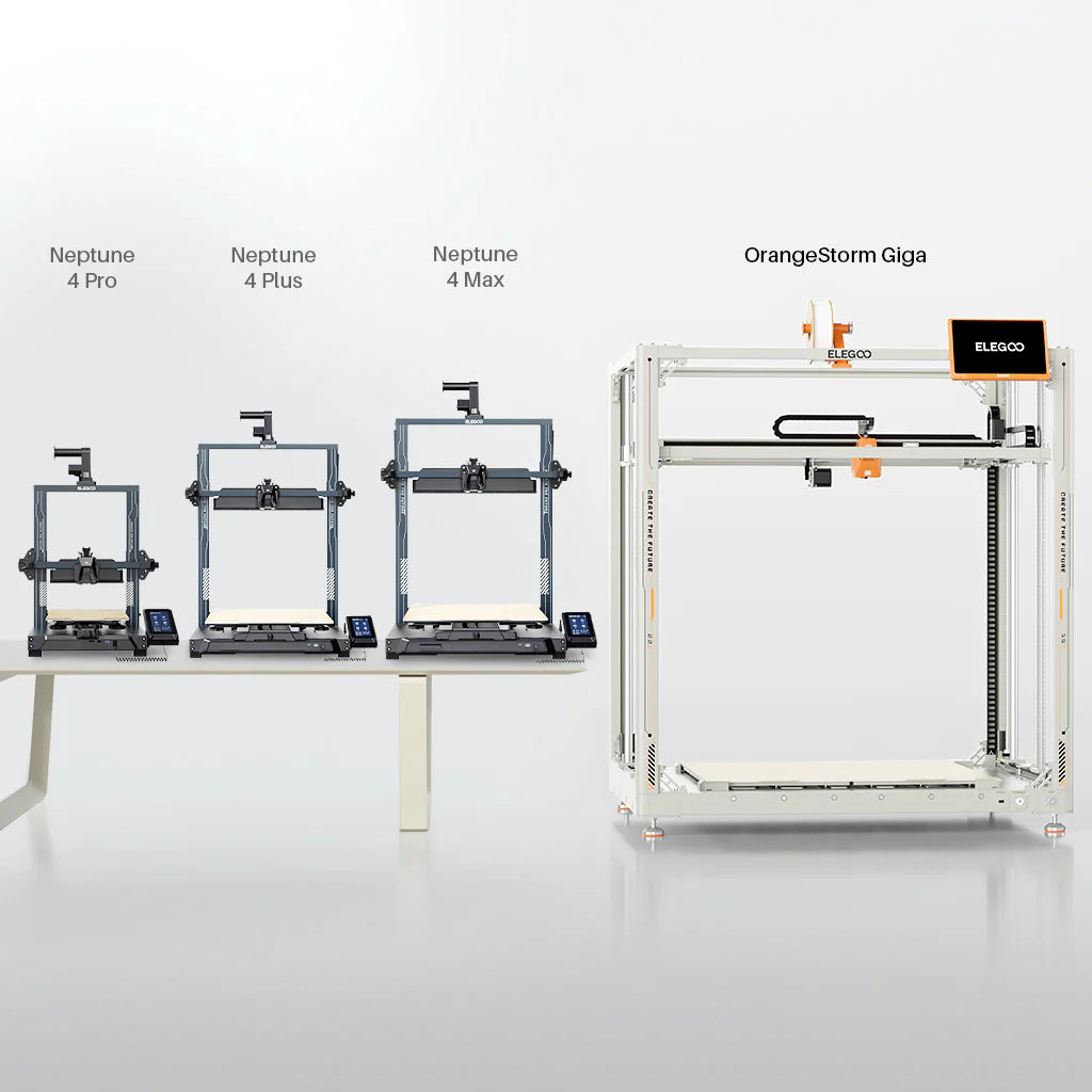 طابعة ELEGOO OrangeStorm Giga ثلاثية الأبعاد بتقنية FDM كبيرة الحجم، بحجم طباعة 800×800×1000 مم، وسرعة طباعة عالية تبلغ 300 مم/ثانية، وبثق مباشر بدرجة حرارة 300°م، ودعم فوهات متعددة