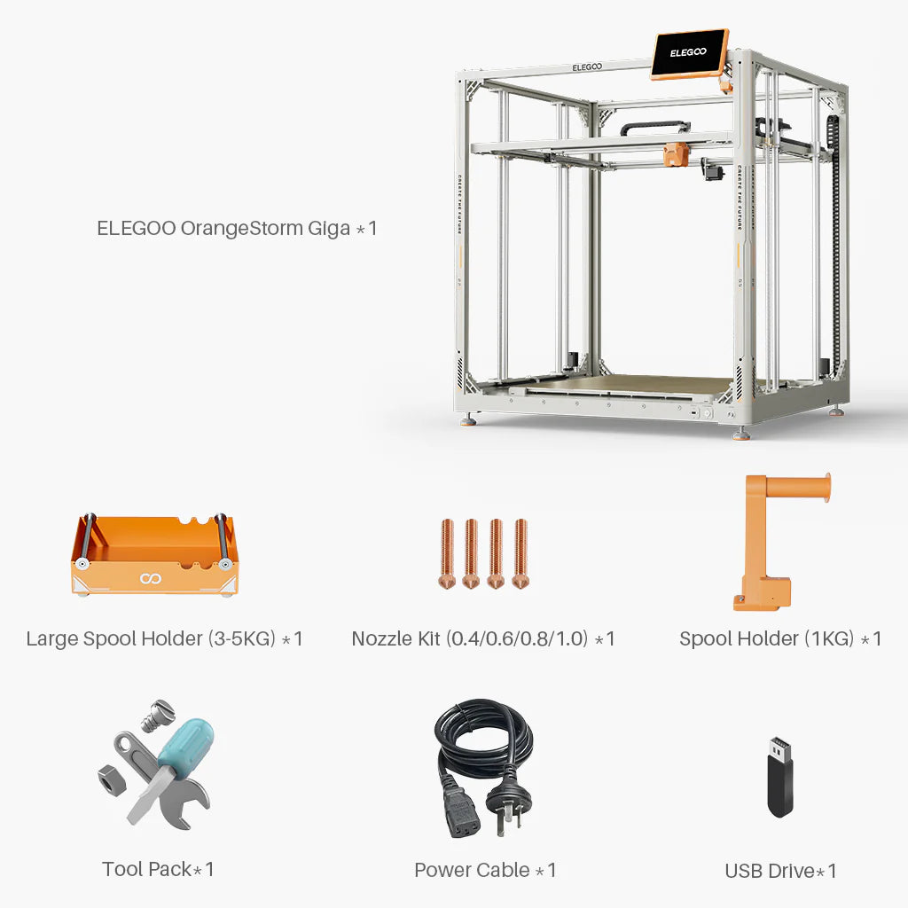 طابعة ELEGOO OrangeStorm Giga ثلاثية الأبعاد بتقنية FDM كبيرة الحجم، بحجم طباعة 800×800×1000 مم، وسرعة طباعة عالية تبلغ 300 مم/ثانية، وبثق مباشر بدرجة حرارة 300°م، ودعم فوهات متعددة