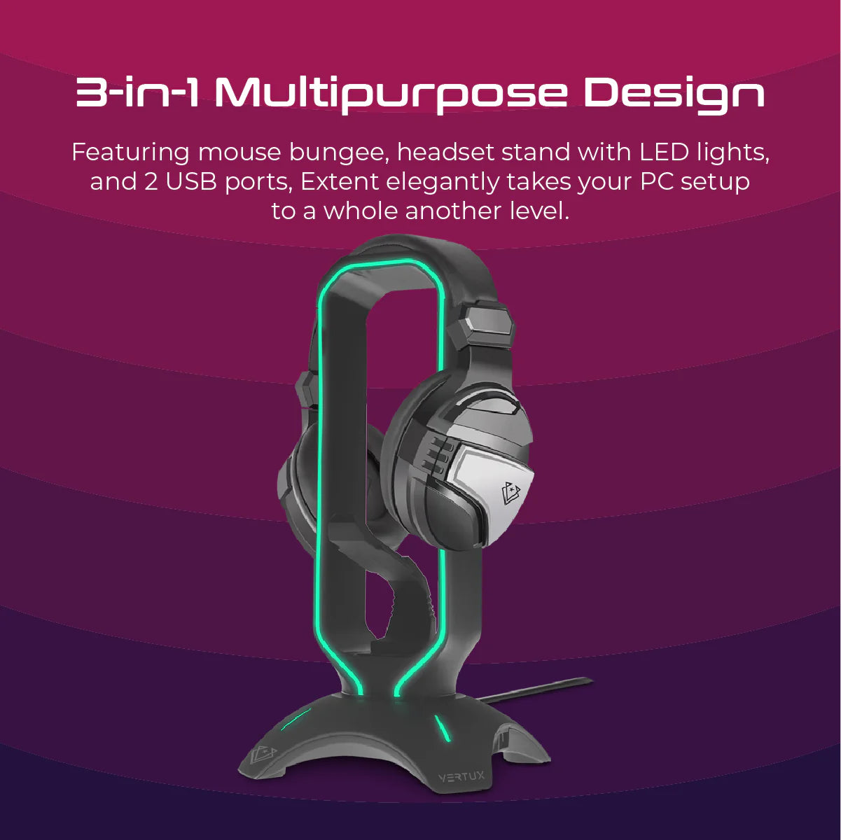 Vertux Extent RGB Headset Stand with Built-in Mouse Bungee & USB Hub – 3-in-1 Gaming Accessory