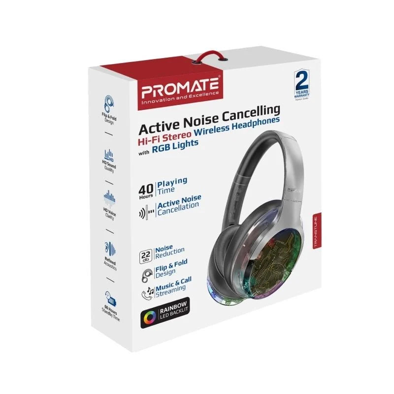 Promate WIRERLESS HEADPHONES RGB TRANSPARENT RAINBOW LED BACKLIT TRANSUNE Active Noise Cancelling , Hi-Fi STEREO , FLIP & FOLD