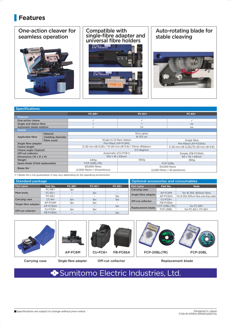 Sumitomo FC-6+ Series High Precision Fiber Cleaver | Single and Ribbon Fiber | Auto-Rotating Blade | One-Action Cleave | Carrying Case Included