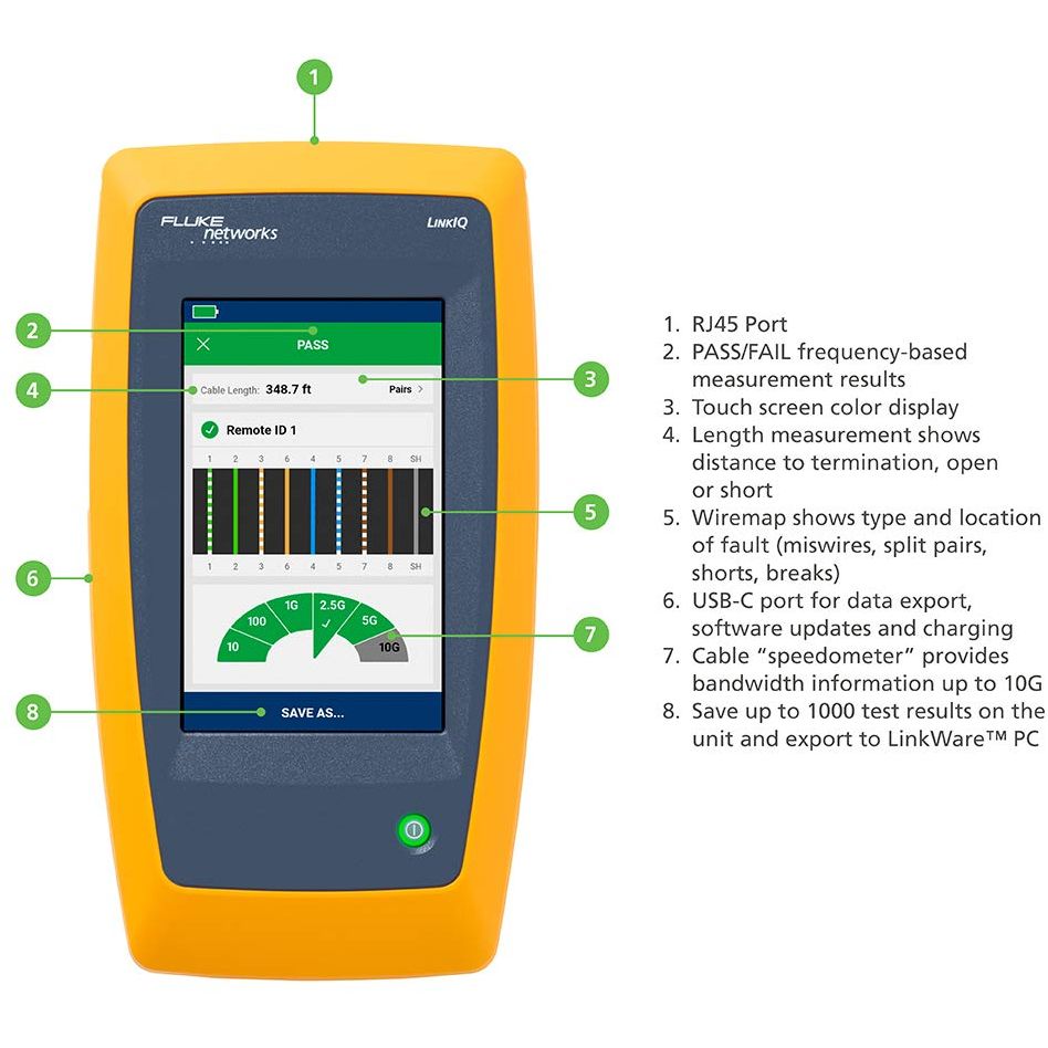 جهاز اختبار الكابلات والشبكات Fluke Networks LinkIQ مع اختبار حمل PoE، دعم 10G، رسم خرائط الأسلاك، وتشخيصات المحول