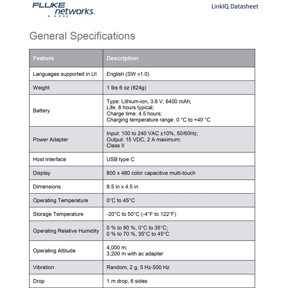 جهاز اختبار الكابلات والشبكات Fluke Networks LinkIQ مع اختبار حمل PoE، دعم 10G، رسم خرائط الأسلاك، وتشخيصات المحول