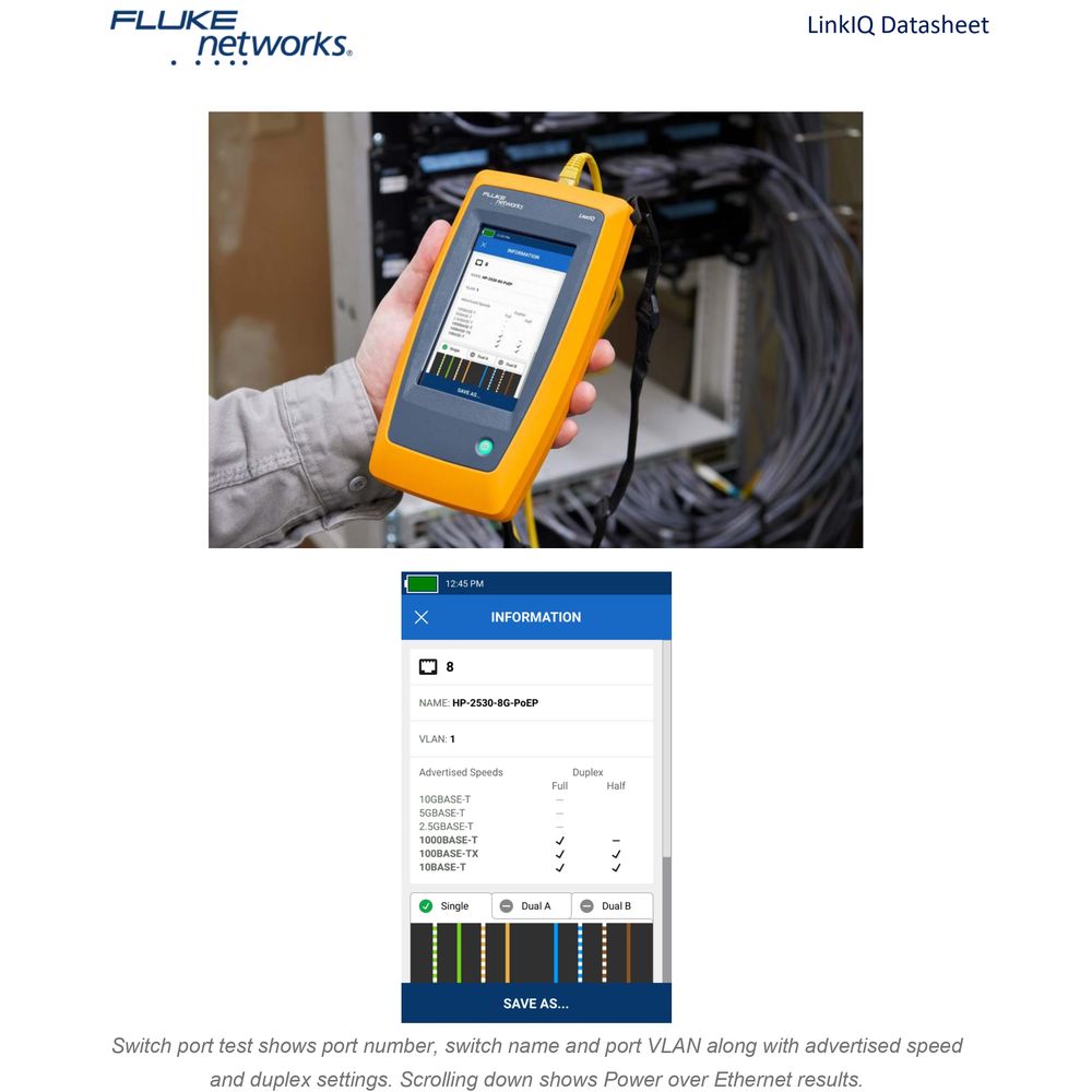 جهاز اختبار الكابلات والشبكات Fluke Networks LinkIQ مع اختبار حمل PoE، دعم 10G، رسم خرائط الأسلاك، وتشخيصات المحول