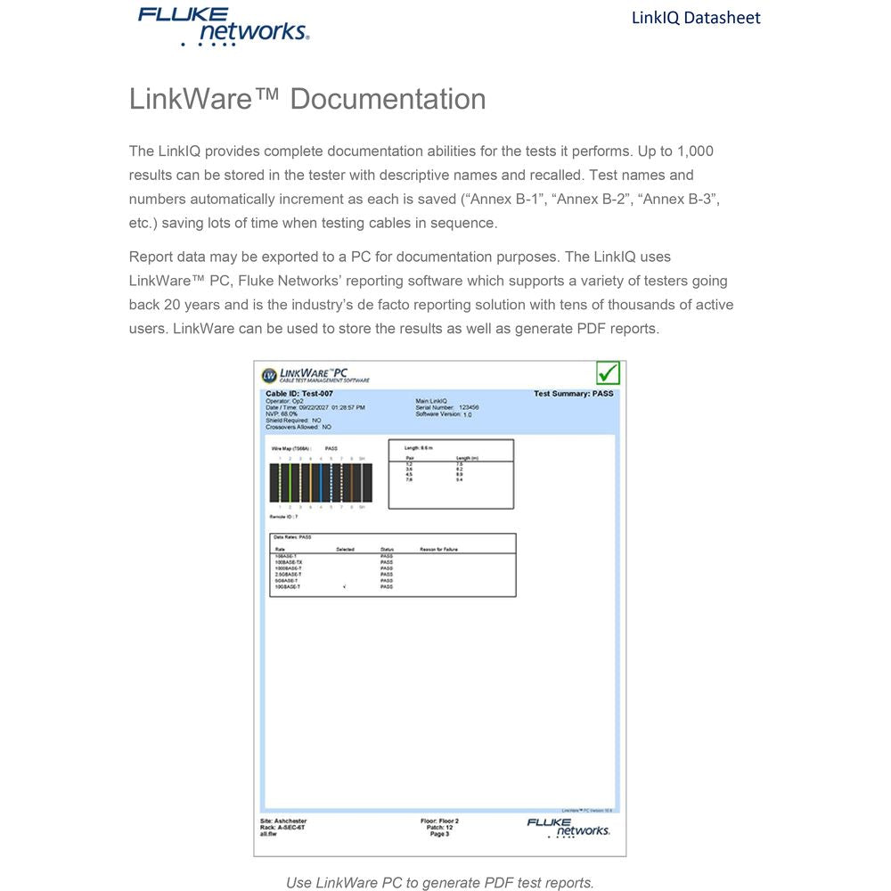 جهاز اختبار الكابلات والشبكات Fluke Networks LinkIQ مع اختبار حمل PoE، دعم 10G، رسم خرائط الأسلاك، وتشخيصات المحول