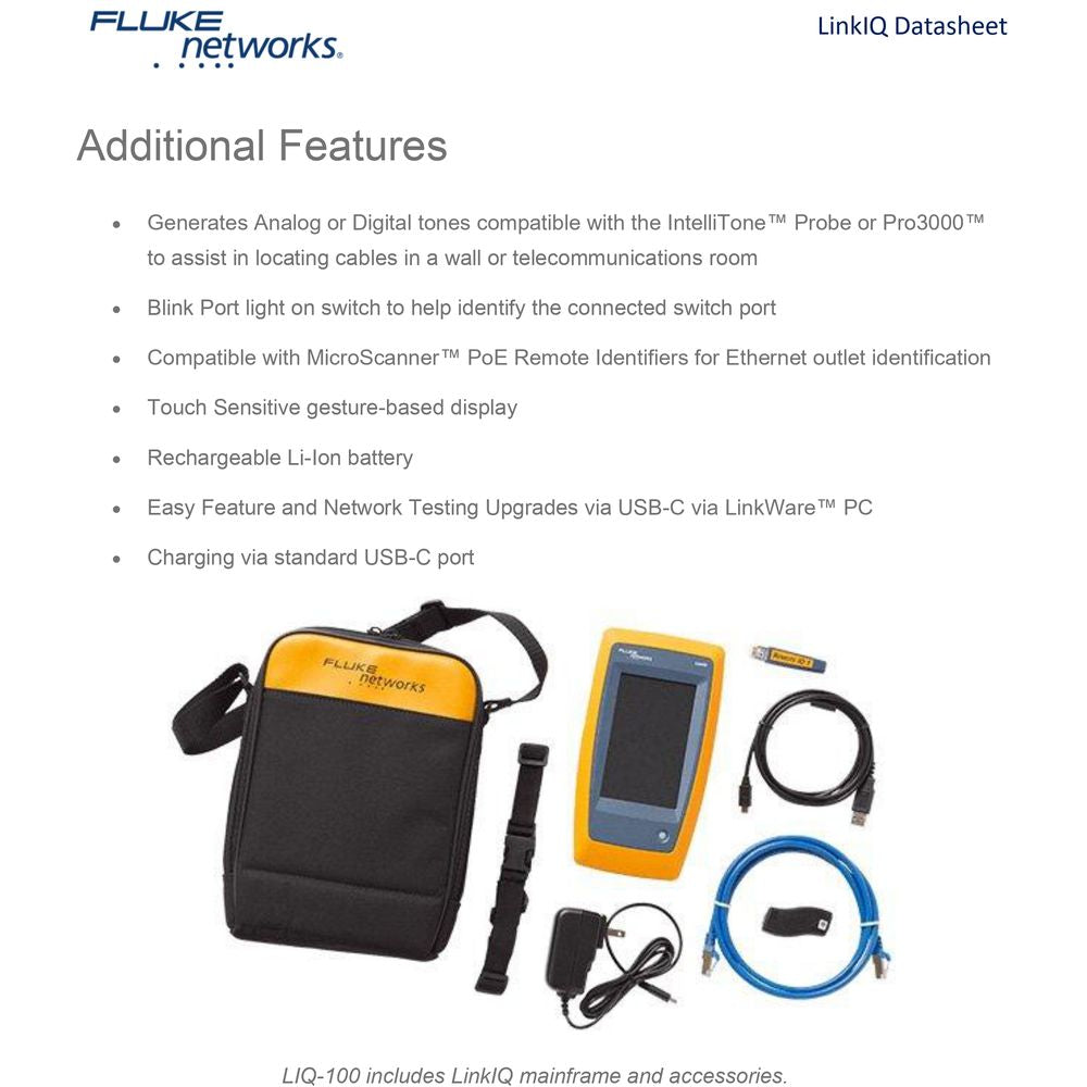 جهاز اختبار الكابلات والشبكات Fluke Networks LinkIQ مع اختبار حمل PoE، دعم 10G، رسم خرائط الأسلاك، وتشخيصات المحول