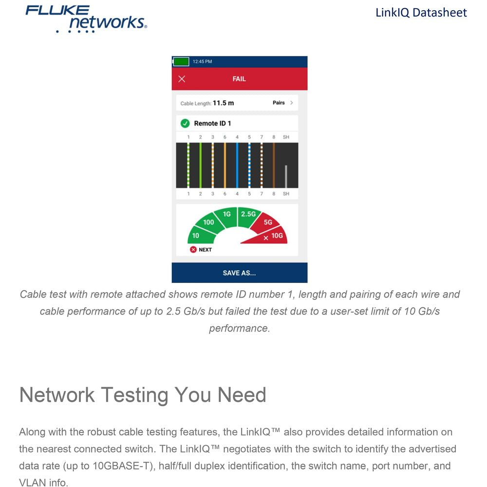 جهاز اختبار الكابلات والشبكات Fluke Networks LinkIQ مع اختبار حمل PoE، دعم 10G، رسم خرائط الأسلاك، وتشخيصات المحول